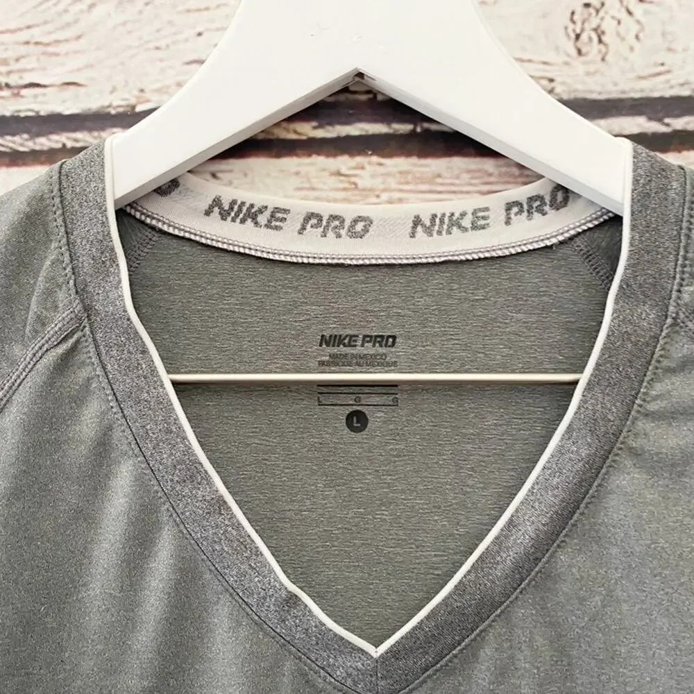 NIKE Pro Shirt Size L Gray Dri-FIT V-Neck Athletic Workout Tee